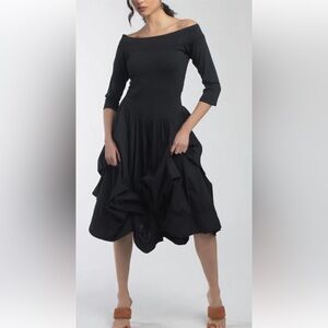 Vintage Luna Luz Belleza Quarter Sleeve Knit Black Midi Off Shoulder Dress M